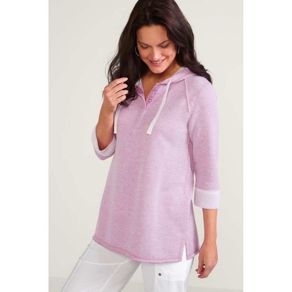 Soft Surroundings Lavender Purple Henley Hoodie 3/4 Sleeve Cotton Blend L